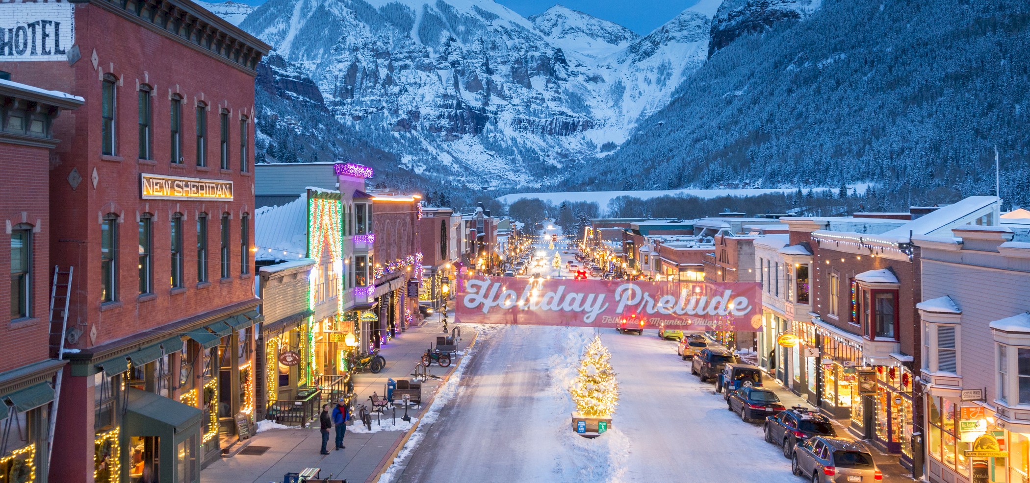 Main Street Telluride decorated for Holidays
