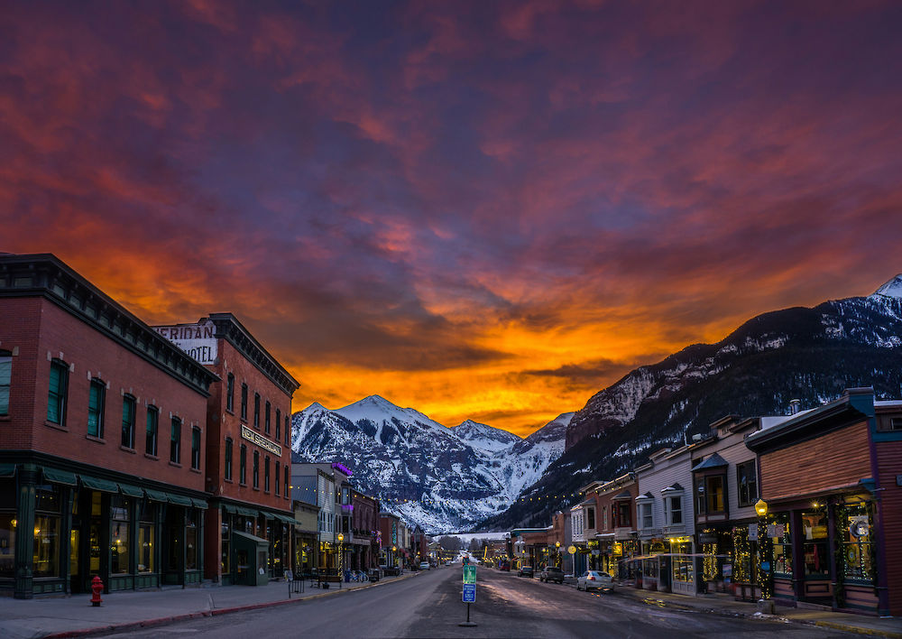 historic downtown Telluride, CO at sunset
