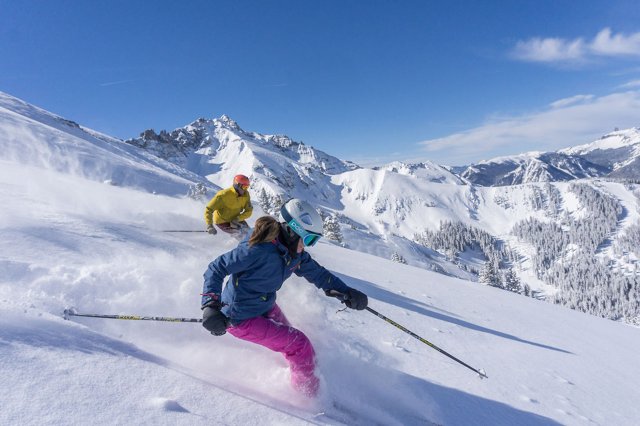 skiing powder in Telluride, CO