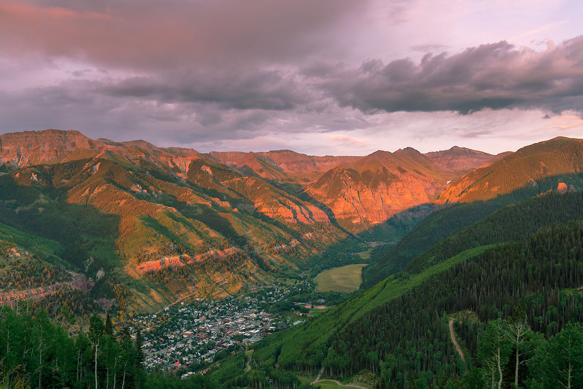 birds eye view of Telluride, CO in summer